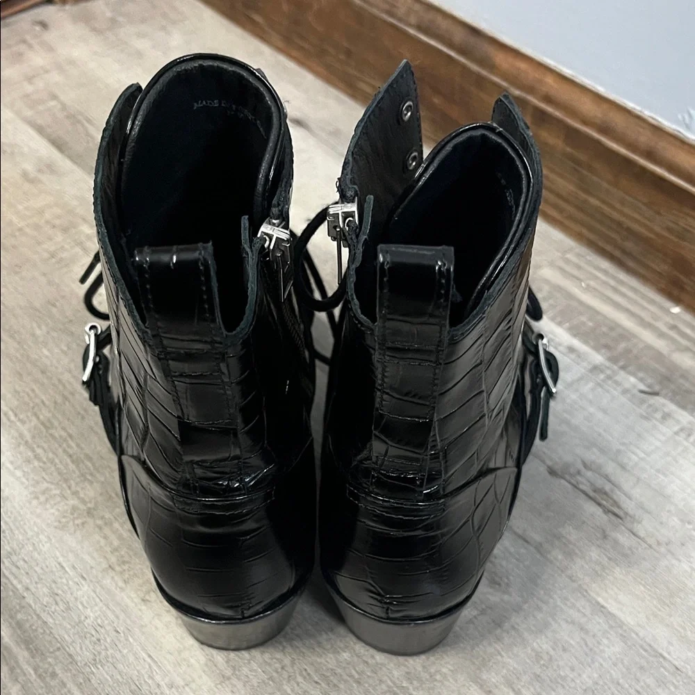 All Saints Black Croc-Embossed Patent Leather Lace-Up Ankle Boots - Picture 6 of 8